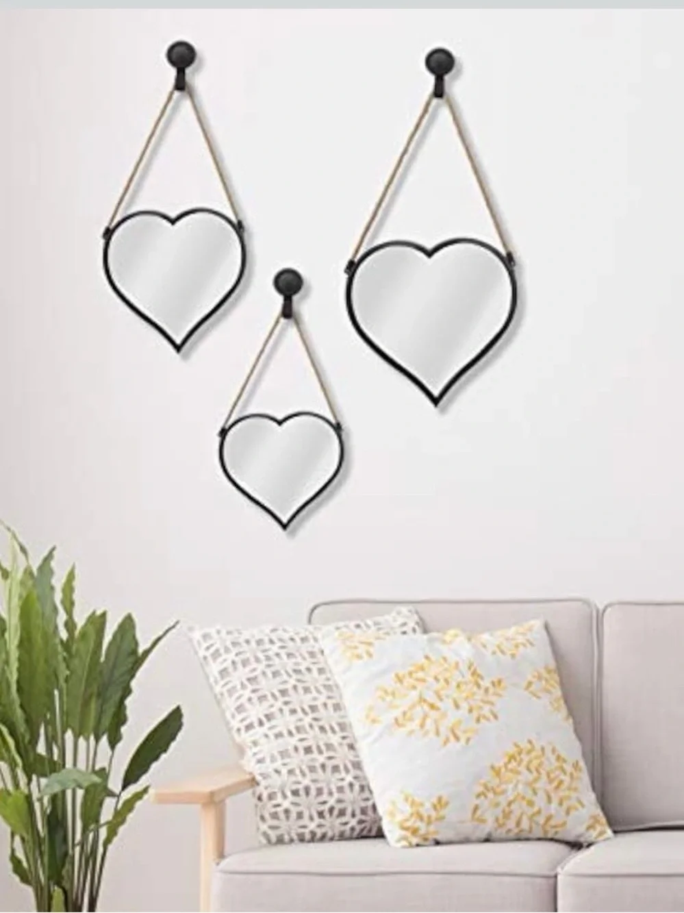 3-Piece Heart-Shaped Wall Mirror Set - Hanging Decorative Mirrors with Rope